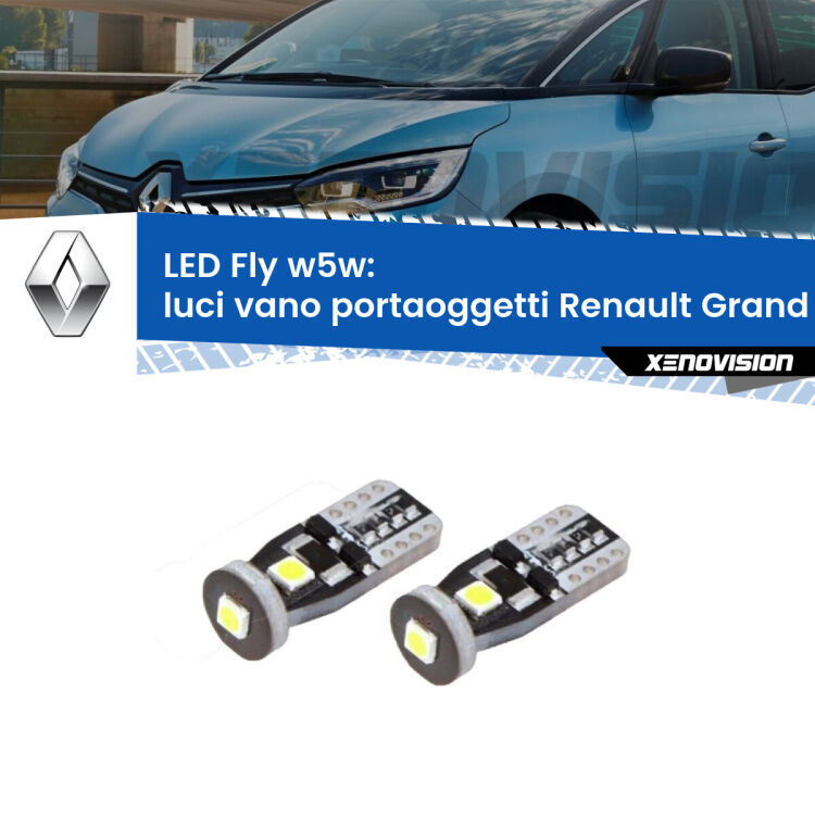 Luci Vano Portaoggetti LED Renault Grand scenic IV Mk4 2016 - 2022: W5W Fly <strong>luci vano portaoggetti LED per Renault Grand scenic IV</strong> Mk4 2016 - 2022. Coppia lampadine <strong>w5w</strong> Canbus compatte modello Fly Xenovision.