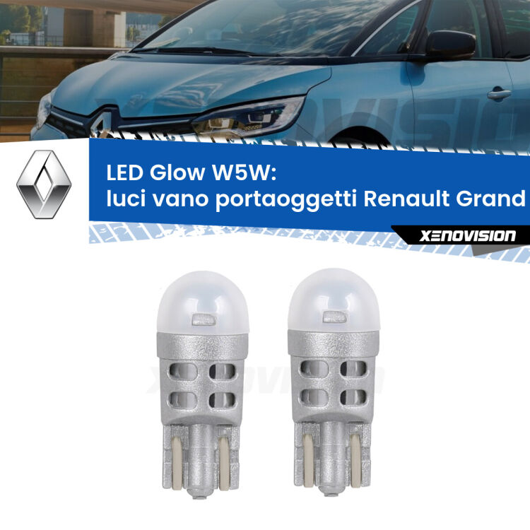 Luci Vano Portaoggetti LED Renault Grand scenic IV Mk4 2016 - 2022: W5W Glow a Luce Calda <strong>Luci Vano Portaoggetti LED luce calda per Renault Grand scenic IV</strong> Mk4 2016 - 2022. Coppia lampade <strong>W5W</strong> modello Glow di Xenovision.