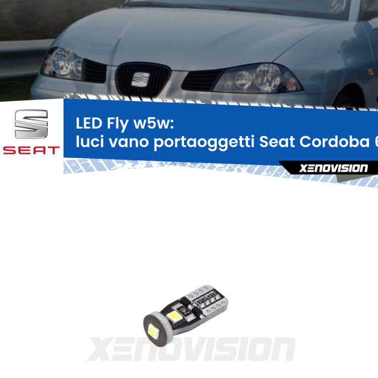 <strong>luci vano portaoggetti LED per Seat Cordoba</strong> 6L 2002 - 2009. Coppia lampadine <strong>w5w</strong> Canbus compatte modello Fly Xenovision.