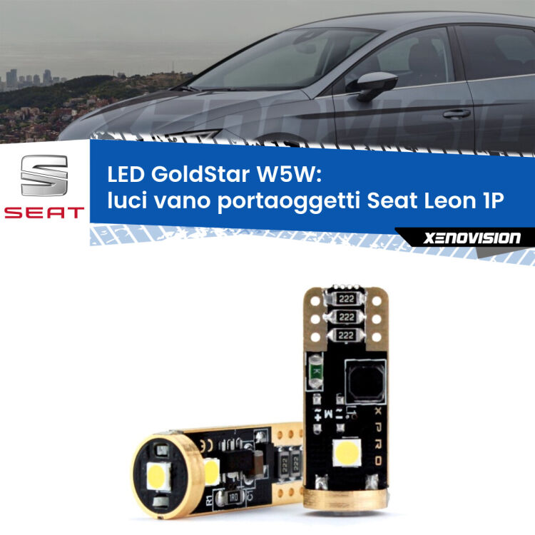 Luci Vano Portaoggetti LED Seat Leon 1P 2005 - 2012: T10 GoldStar <strong>Luci Vano Portaoggetti LED Seat Leon</strong> 1P 2005 - 2012: ottima luminosità a 360 gradi. Si inseriscono ovunque. Canbus, Top Quality.