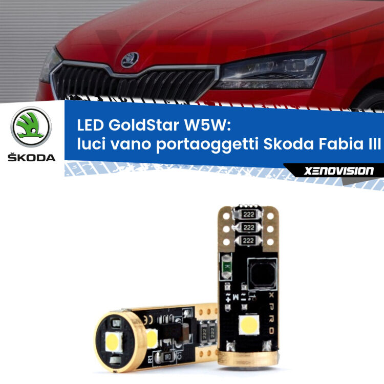 Luci Vano Portaoggetti LED Skoda Fabia III NJ 2014 in poi: T10 GoldStar <strong>Luci Vano Portaoggetti LED Skoda Fabia III</strong> NJ 2014 in poi: ottima luminosità a 360 gradi. Si inseriscono ovunque. Canbus, Top Quality.