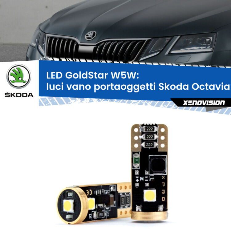 Luci Vano Portaoggetti LED Skoda Octavia III 5E 2012 - 2018: T10 GoldStar <strong>Luci Vano Portaoggetti LED Skoda Octavia III</strong> 5E 2012 - 2018: ottima luminosità a 360 gradi. Si inseriscono ovunque. Canbus, Top Quality.