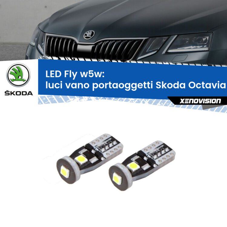 0 Luci Vano Portaoggetti LED Skoda Octavia III 5E 2012 - 2018: W5W Fly <strong>luci vano portaoggetti LED per Skoda Octavia III</strong> 5E 2012 - 2018. Coppia lampadine <strong>w5w</strong> Canbus compatte modello Fly Xenovision.