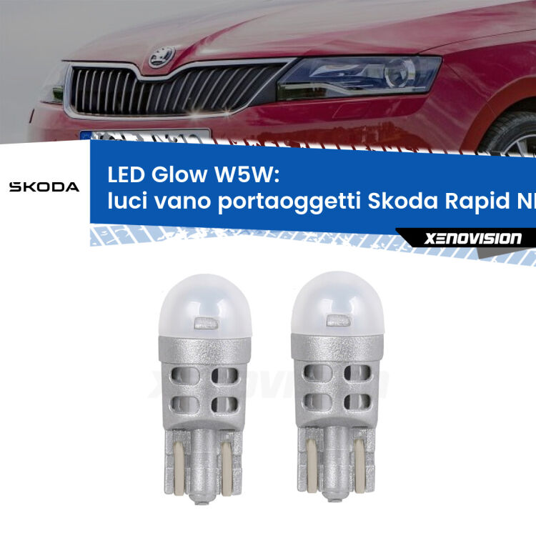 Luci Vano Portaoggetti LED Skoda Rapid NH3 2012 - 2021: W5W Glow a Luce Calda <strong>Luci Vano Portaoggetti LED luce calda per Skoda Rapid</strong> NH3 2012 - 2021. Coppia lampade <strong>W5W</strong> modello Glow di Xenovision.