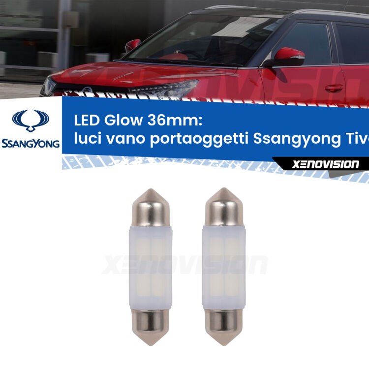 0 Luci Vano Portaoggetti LED Ssangyong Tivoli 2015 in poi: C5W Glow a Luce Calda (Coppia) <strong>Luci Vano Portaoggetti LED luce calda per Ssangyong Tivoli</strong> 2015 in poi. Coppia lampade <strong>C5W</strong> 36mm modello Glow di Xenovision.
