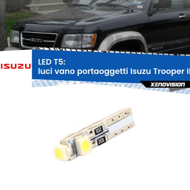 0 Luci Vano Portaoggetti LED T5 per Isuzu Trooper II Mk2 1991 - 2002 <strong>Luci Vano Portaoggetti LED no-spie per Isuzu Trooper II</strong> Mk2 1991 - 2002. Lampadina <strong>T5</strong> da Xenovision