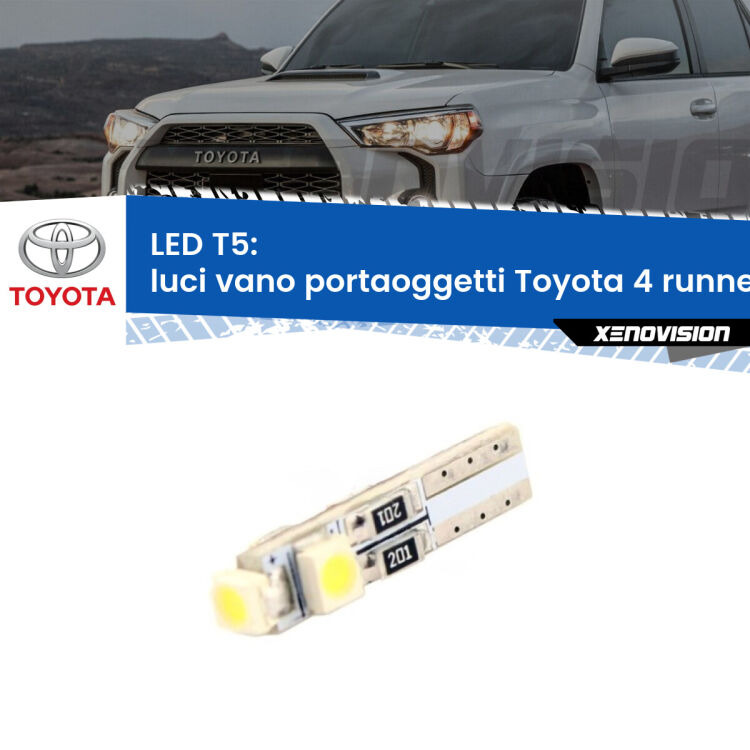 0 Luci Vano Portaoggetti LED T5 per Toyota 4 runner N180 1995 - 2002 <strong>Luci Vano Portaoggetti LED no-spie per Toyota 4 runner</strong> N180 1995 - 2002. Lampadina <strong>T5</strong> da Xenovision