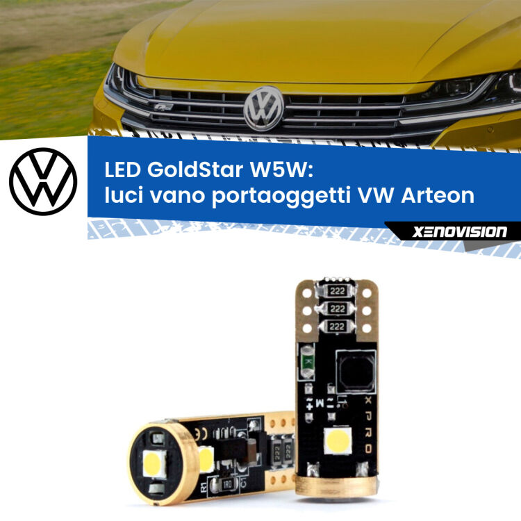 0 Luci Vano Portaoggetti LED VW Arteon 2017 in poi: T10 GoldStar <strong>Luci Vano Portaoggetti LED VW Arteon</strong> 2017 in poi: ottima luminosità a 360 gradi. Si inseriscono ovunque. Canbus, Top Quality.