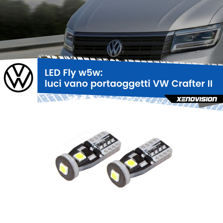 0 Luci Vano Portaoggetti LED VW Crafter II 2016 in poi: W5W Fly <strong>luci vano portaoggetti LED per VW Crafter</strong> II 2016 in poi. Coppia lampadine <strong>w5w</strong> Canbus compatte modello Fly Xenovision.