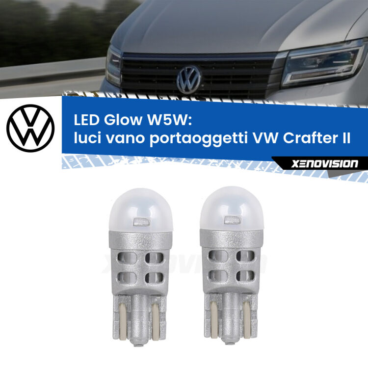Luci Vano Portaoggetti LED VW Crafter II 2016 in poi: W5W Glow a Luce Calda <strong>Luci Vano Portaoggetti LED luce calda per VW Crafter</strong> II 2016 in poi. Coppia lampade <strong>W5W</strong> modello Glow di Xenovision.
