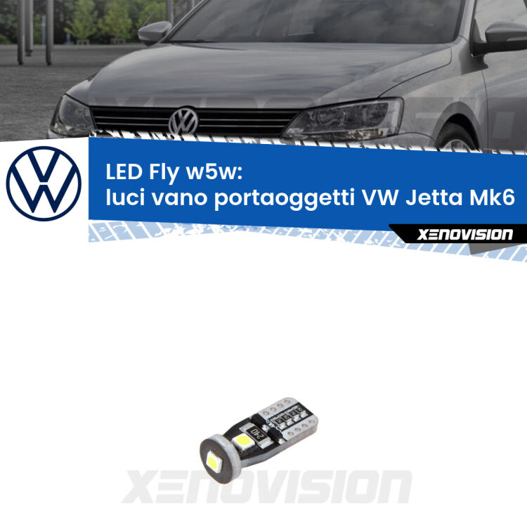 <strong>luci vano portaoggetti LED per VW Jetta</strong> Mk6 2010 - 2017. Coppia lampadine <strong>w5w</strong> Canbus compatte modello Fly Xenovision.
