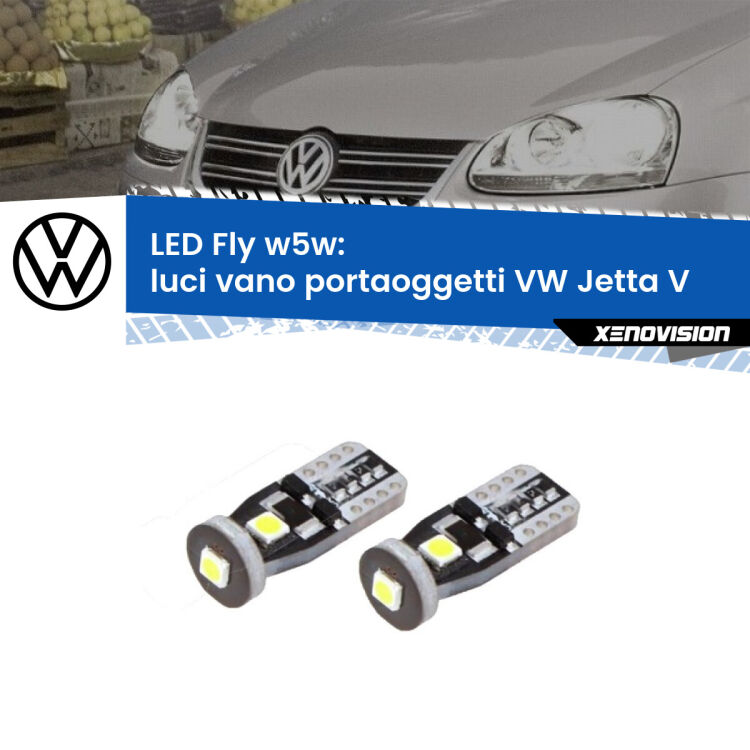 0 Luci Vano Portaoggetti LED VW Jetta V 2005 - 2010: W5W Fly <strong>luci vano portaoggetti LED per VW Jetta</strong> V 2005 - 2010. Coppia lampadine <strong>w5w</strong> Canbus compatte modello Fly Xenovision.