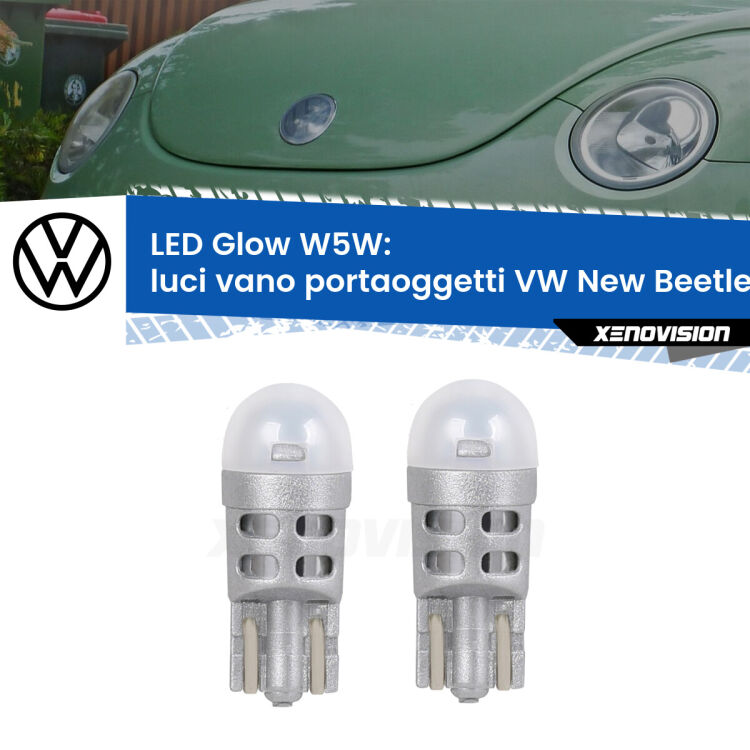 Luci Vano Portaoggetti LED VW New Beetle 1998 - 2010: W5W Glow a Luce Calda <strong>Luci Vano Portaoggetti LED luce calda per VW New Beetle</strong> 1998 - 2010. Coppia lampade <strong>W5W</strong> modello Glow di Xenovision.