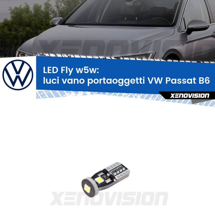 <strong>luci vano portaoggetti LED per VW Passat</strong> B6 2005 - 2010. Coppia lampadine <strong>w5w</strong> Canbus compatte modello Fly Xenovision.