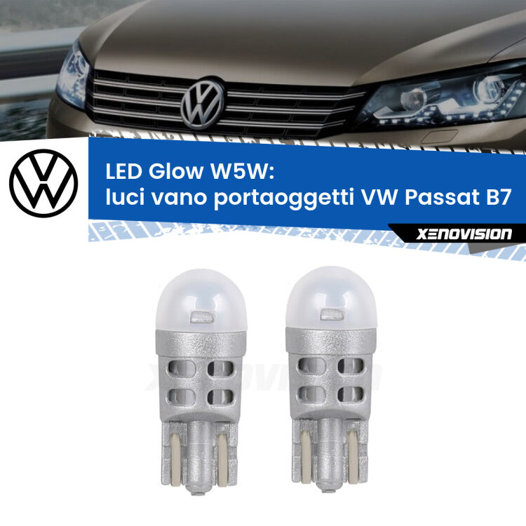 0 Luci Vano Portaoggetti LED VW Passat B7 2010 - 2014: W5W Glow a Luce Calda <strong>Luci Vano Portaoggetti LED luce calda per VW Passat</strong> B7 2010 - 2014. Coppia lampade <strong>W5W</strong> modello Glow di Xenovision.
