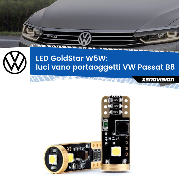 0 Luci Vano Portaoggetti LED VW Passat B8 2014 - 2017: T10 GoldStar <strong>Luci Vano Portaoggetti LED VW Passat</strong> B8 2014 - 2017: ottima luminosità a 360 gradi. Si inseriscono ovunque. Canbus, Top Quality.