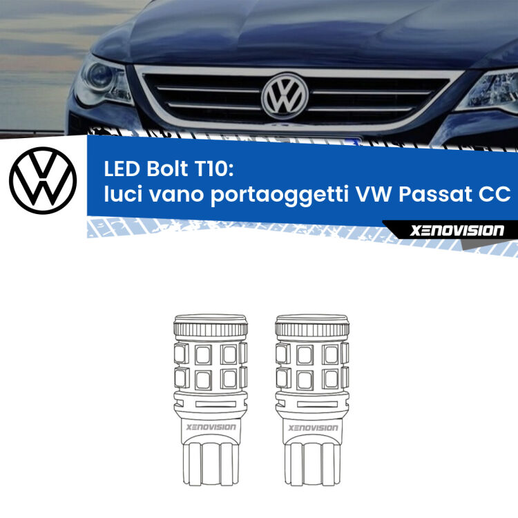 Luci Vano Portaoggetti LED VW Passat CC 357 2008 - 2012: T10 Bolt <strong>Luci Vano Portaoggetti LED per VW Passat CC</strong> 357 2008 - 2012. Coppia lampade <strong>T10</strong> modello Bolt canbus.