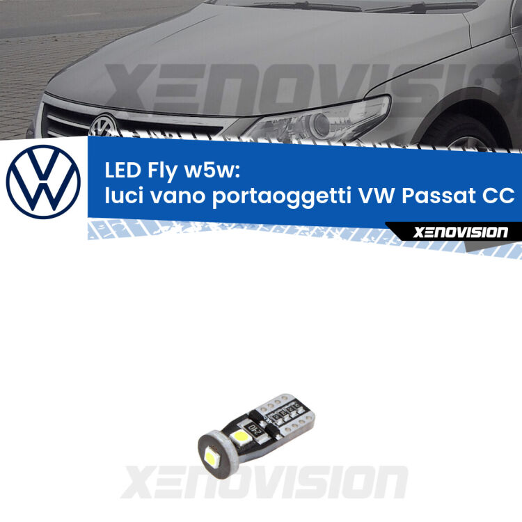 <strong>luci vano portaoggetti LED per VW Passat CC</strong> 357 2008 - 2012. Coppia lampadine <strong>w5w</strong> Canbus compatte modello Fly Xenovision.