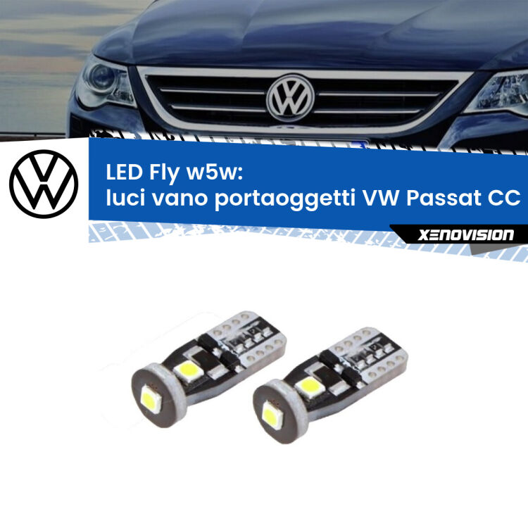 0 Luci Vano Portaoggetti LED VW Passat CC 357 2008 - 2012: W5W Fly <strong>luci vano portaoggetti LED per VW Passat CC</strong> 357 2008 - 2012. Coppia lampadine <strong>w5w</strong> Canbus compatte modello Fly Xenovision.