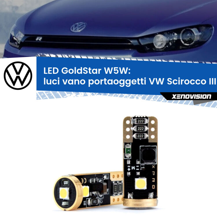 Luci Vano Portaoggetti LED VW Scirocco III 2008 - 2017: T10 GoldStar <strong>Luci Vano Portaoggetti LED VW Scirocco</strong> III 2008 - 2017: ottima luminosità a 360 gradi. Si inseriscono ovunque. Canbus, Top Quality.