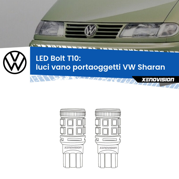 0 Luci Vano Portaoggetti LED VW Sharan 2001 - 2010: T10 Bolt <strong>Luci Vano Portaoggetti LED per VW Sharan</strong> 2001 - 2010. Coppia lampade <strong>T10</strong> modello Bolt canbus.