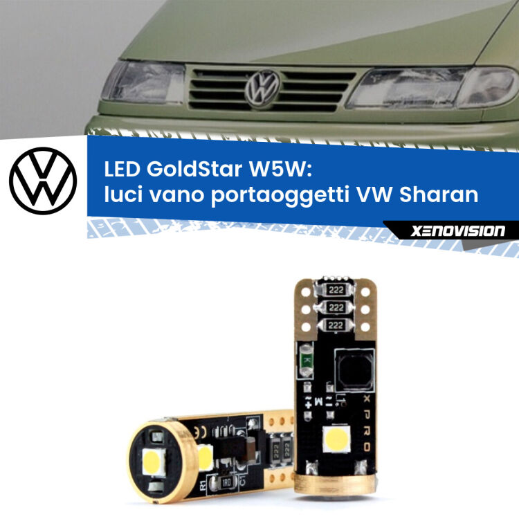 0 Luci Vano Portaoggetti LED VW Sharan 2001 - 2010: T10 GoldStar <strong>Luci Vano Portaoggetti LED VW Sharan</strong> 2001 - 2010: ottima luminosità a 360 gradi. Si inseriscono ovunque. Canbus, Top Quality.