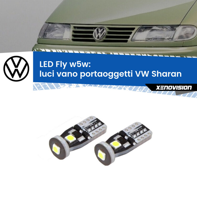 0 Luci Vano Portaoggetti LED VW Sharan 2001 - 2010: W5W Fly <strong>luci vano portaoggetti LED per VW Sharan</strong> 2001 - 2010. Coppia lampadine <strong>w5w</strong> Canbus compatte modello Fly Xenovision.