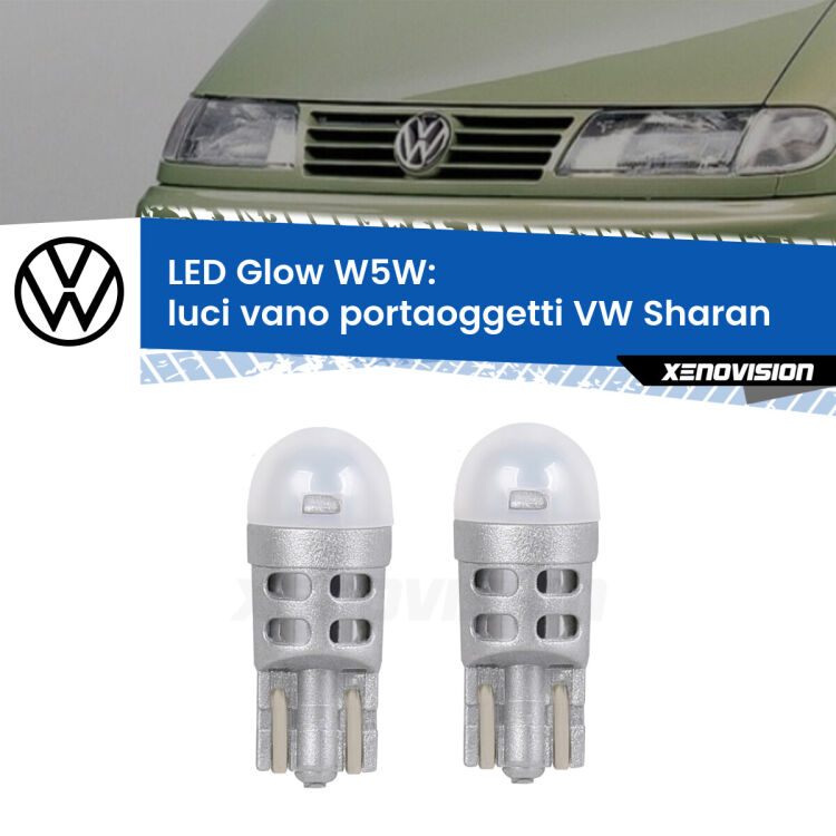 0 Luci Vano Portaoggetti LED VW Sharan 2001 - 2010: W5W Glow a Luce Calda <strong>Luci Vano Portaoggetti LED luce calda per VW Sharan</strong> 2001 - 2010. Coppia lampade <strong>W5W</strong> modello Glow di Xenovision.