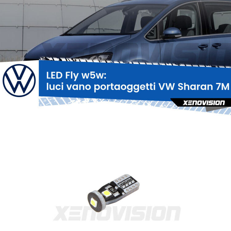 <strong>luci vano portaoggetti LED per VW Sharan</strong> 7M 2001 - 2010. Coppia lampadine <strong>w5w</strong> Canbus compatte modello Fly Xenovision.