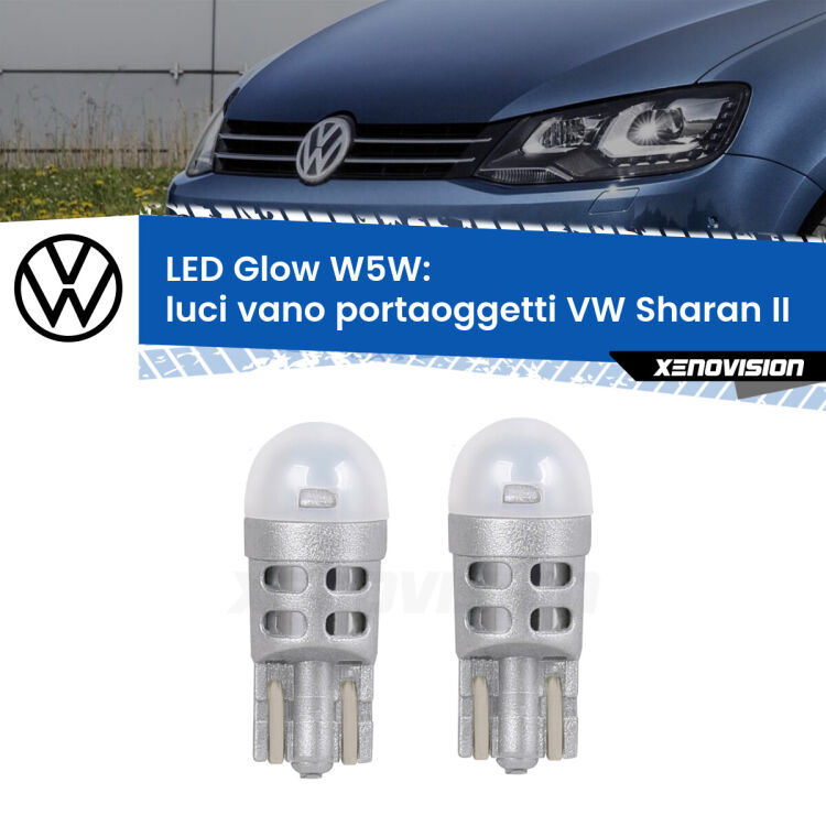 0 Luci Vano Portaoggetti LED VW Sharan II 2010 - 2019: W5W Glow a Luce Calda <strong>Luci Vano Portaoggetti LED luce calda per VW Sharan</strong> II 2010 - 2019. Coppia lampade <strong>W5W</strong> modello Glow di Xenovision.