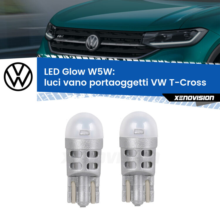 0 Luci Vano Portaoggetti LED VW T-Cross 2018 in poi: W5W Glow a Luce Calda <strong>Luci Vano Portaoggetti LED luce calda per VW T-Cross</strong> 2018 in poi. Coppia lampade <strong>W5W</strong> modello Glow di Xenovision.