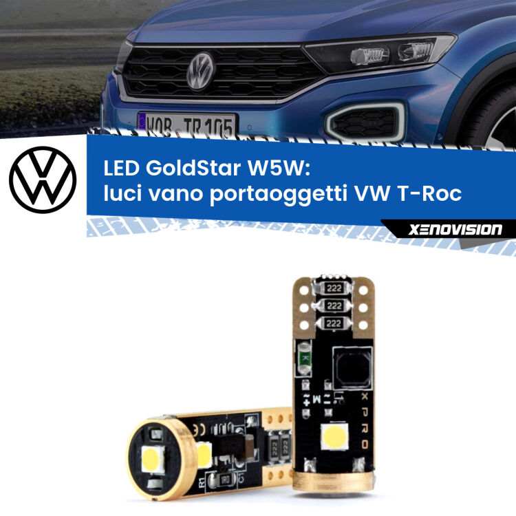 0 Luci Vano Portaoggetti LED VW T-Roc  2017 in poi: T10 GoldStar <strong>Luci Vano Portaoggetti LED VW T-Roc</strong>  2017 in poi: ottima luminosità a 360 gradi. Si inseriscono ovunque. Canbus, Top Quality.