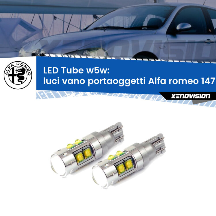 Luci Vano Portaoggetti LED W5W Alfa romeo 147 2000 - 2010 W5W Tube <strong>Luci Vano Portaoggetti LED 6000k per Alfa romeo 147</strong> 2000 - 2010. Lampadine <strong>W5W</strong> canbus modello Tube, luce bianco lunare, lunga durata e compatibilità.