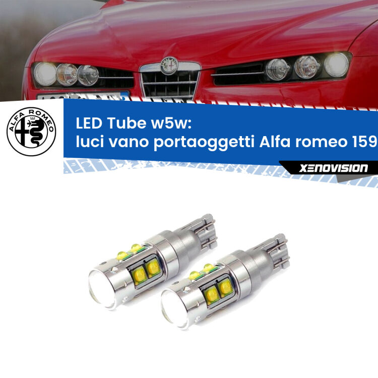 Luci Vano Portaoggetti LED W5W Alfa romeo 159  2005 - 2012 W5W Tube <strong>Luci Vano Portaoggetti LED 6000k per Alfa romeo 159</strong>  2005 - 2012. Lampadine <strong>W5W</strong> canbus modello Tube, luce bianco lunare, lunga durata e compatibilità.