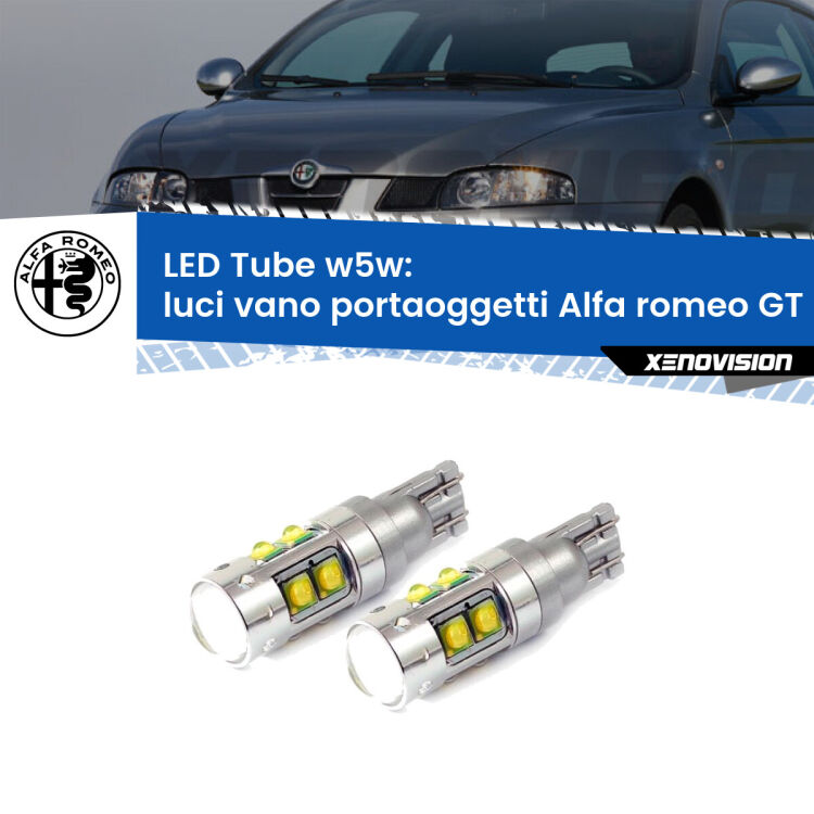 Luci Vano Portaoggetti LED W5W Alfa romeo GT  2003 - 2010 W5W Tube <strong>Luci Vano Portaoggetti LED 6000k per Alfa romeo GT</strong>  2003 - 2010. Lampadine <strong>W5W</strong> canbus modello Tube, luce bianco lunare, lunga durata e compatibilità.