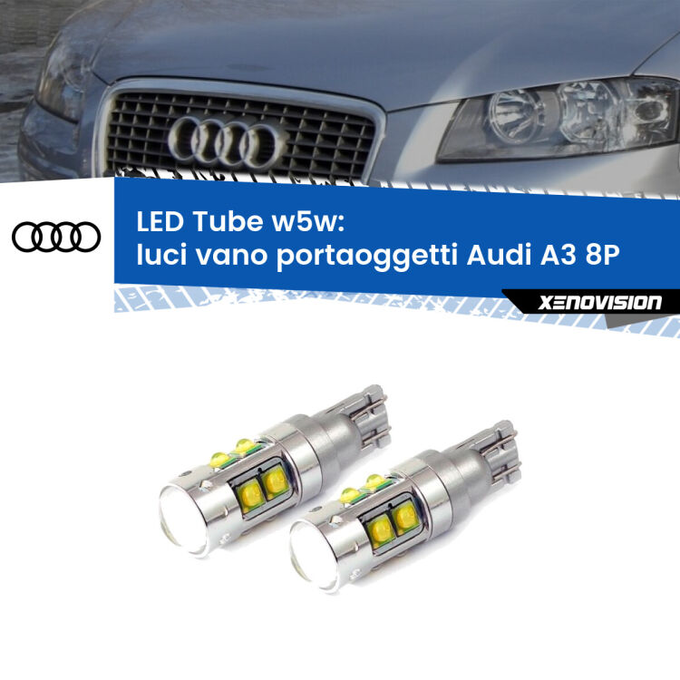 0 Luci Vano Portaoggetti LED W5W Audi A3 8P 2003 - 2012 W5W Tube <strong>Luci Vano Portaoggetti LED 6000k per Audi A3</strong> 8P 2003 - 2012. Lampadine <strong>W5W</strong> canbus modello Tube, luce bianco lunare, lunga durata e compatibilità.