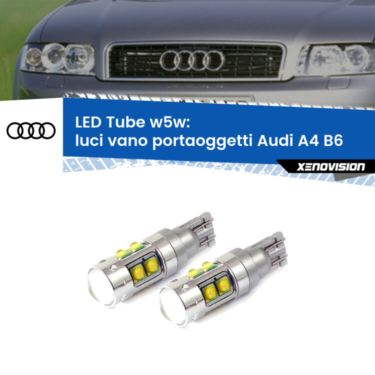 Luci Vano Portaoggetti LED W5W Audi A4 B6 2000 - 2004 W5W Tube <strong>Luci Vano Portaoggetti LED 6000k per Audi A4</strong> B6 2000 - 2004. Lampadine <strong>W5W</strong> canbus modello Tube, luce bianco lunare, lunga durata e compatibilità.