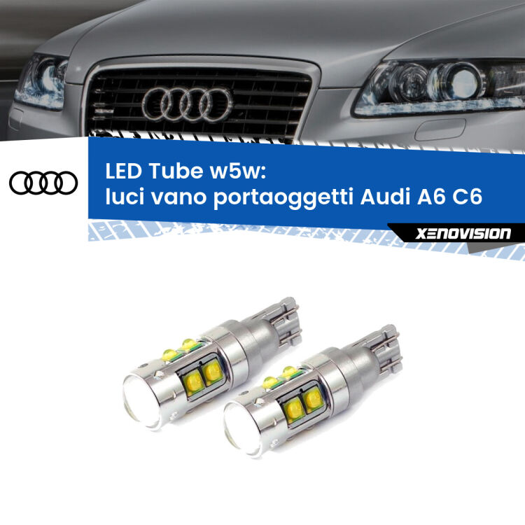 0 Luci Vano Portaoggetti LED W5W Audi A6 C6 2004 - 2011 W5W Tube <strong>Luci Vano Portaoggetti LED 6000k per Audi A6</strong> C6 2004 - 2011. Lampadine <strong>W5W</strong> canbus modello Tube, luce bianco lunare, lunga durata e compatibilità.