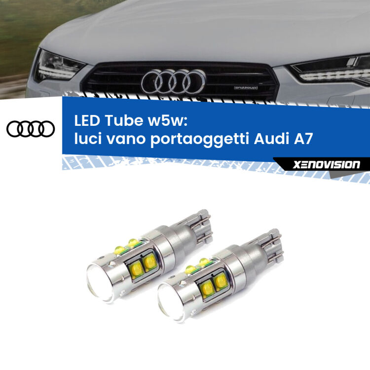 Luci Vano Portaoggetti LED W5W Audi A7 2010 - 2018 W5W Tube <strong>Luci Vano Portaoggetti LED 6000k per Audi A7</strong> 2010 - 2018. Lampadine <strong>W5W</strong> canbus modello Tube, luce bianco lunare, lunga durata e compatibilità.