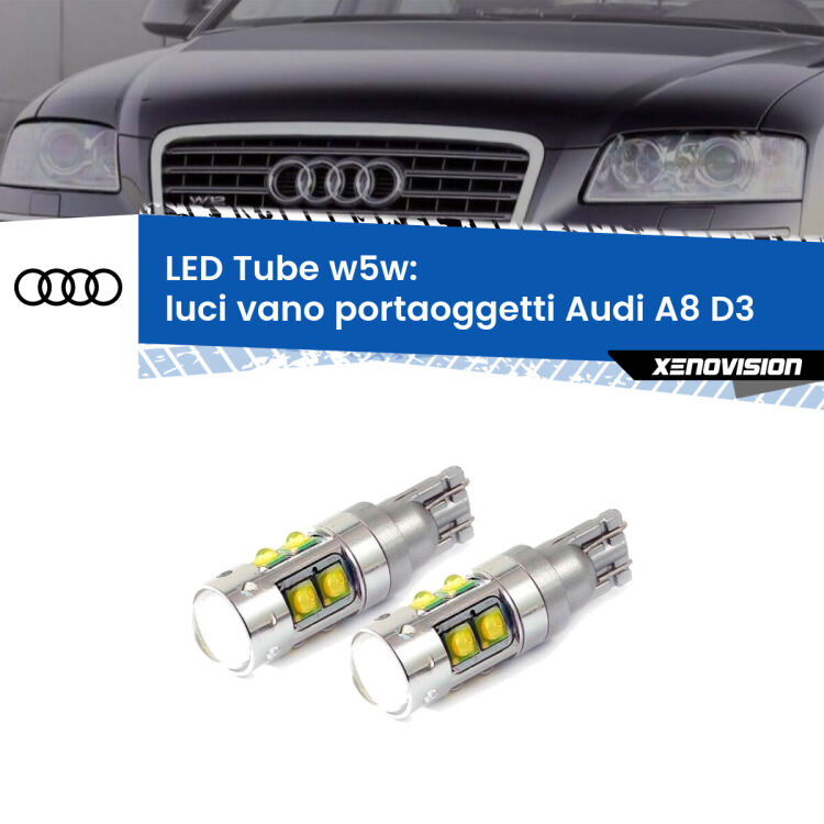 Luci Vano Portaoggetti LED W5W Audi A8 D3 2002 - 2009 W5W Tube <strong>Luci Vano Portaoggetti LED 6000k per Audi A8</strong> D3 2002 - 2009. Lampadine <strong>W5W</strong> canbus modello Tube, luce bianco lunare, lunga durata e compatibilità.