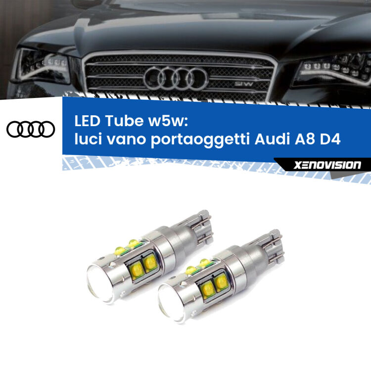 Luci Vano Portaoggetti LED W5W Audi A8 D4 2009 - 2018 W5W Tube <strong>Luci Vano Portaoggetti LED 6000k per Audi A8</strong> D4 2009 - 2018. Lampadine <strong>W5W</strong> canbus modello Tube, luce bianco lunare, lunga durata e compatibilità.
