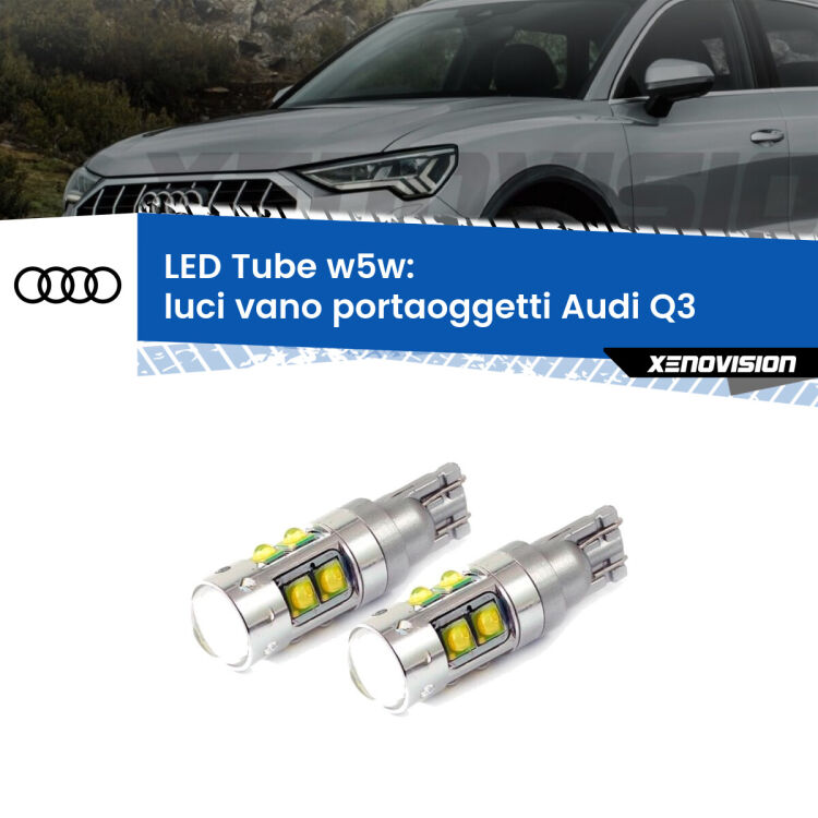 Luci Vano Portaoggetti LED W5W Audi Q3 2011 - 2018 W5W Tube <strong>Luci Vano Portaoggetti LED 6000k per Audi Q3</strong> 2011 - 2018. Lampadine <strong>W5W</strong> canbus modello Tube, luce bianco lunare, lunga durata e compatibilità.