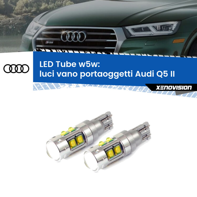 Luci Vano Portaoggetti LED W5W Audi Q5 II 2018 in poi W5W Tube <strong>Luci Vano Portaoggetti LED 6000k per Audi Q5</strong> II 2018 in poi. Lampadine <strong>W5W</strong> canbus modello Tube, luce bianco lunare, lunga durata e compatibilità.