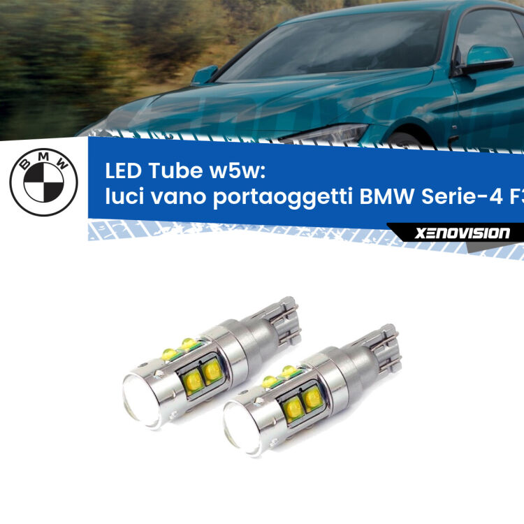 Luci Vano Portaoggetti LED W5W BMW Serie-4 F32, F82 2013 - 2019 W5W Tube <strong>Luci Vano Portaoggetti LED 6000k per BMW Serie-4</strong> F32, F82 2013 - 2019. Lampadine <strong>W5W</strong> canbus modello Tube, luce bianco lunare, lunga durata e compatibilità.