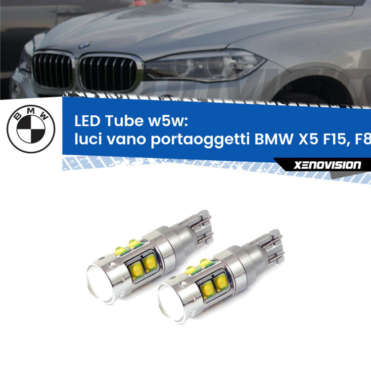 Luci Vano Portaoggetti LED W5W BMW X5 F15, F85 2014 - 2018 W5W Tube <strong>Luci Vano Portaoggetti LED 6000k per BMW X5</strong> F15, F85 2014 - 2018. Lampadine <strong>W5W</strong> canbus modello Tube, luce bianco lunare, lunga durata e compatibilità.