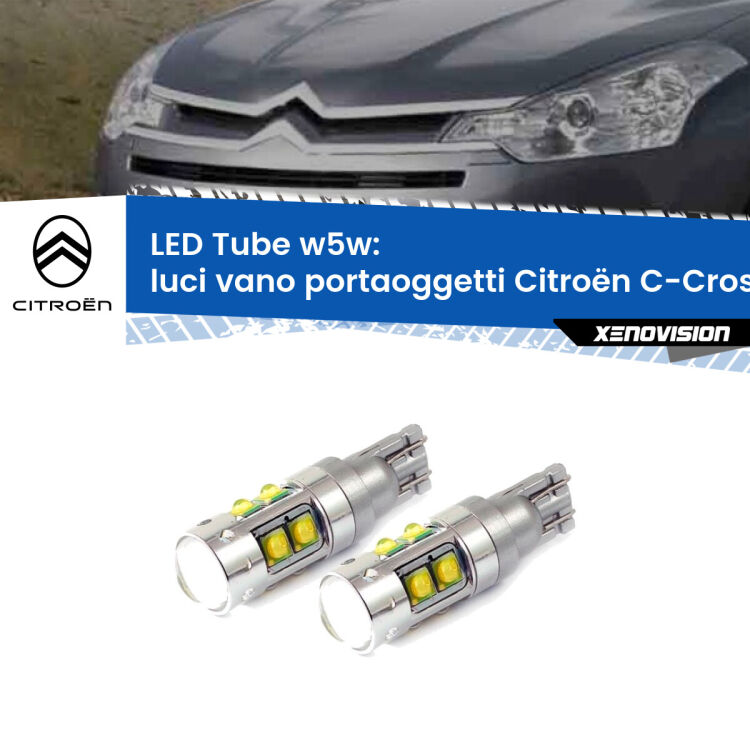 Luci Vano Portaoggetti LED W5W Citroën C-Crosser 2007 - 2012 W5W Tube <strong>Luci Vano Portaoggetti LED 6000k per Citroën C-Crosser</strong> 2007 - 2012. Lampadine <strong>W5W</strong> canbus modello Tube, luce bianco lunare, lunga durata e compatibilità.