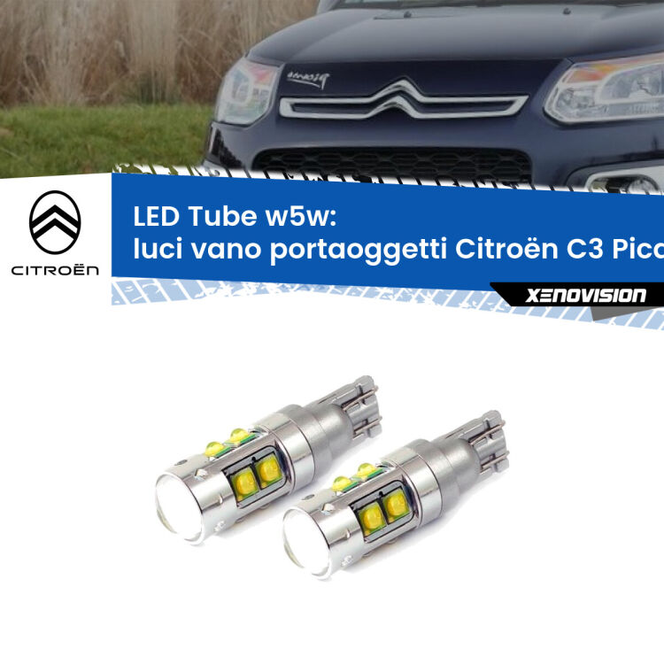Luci Vano Portaoggetti LED W5W Citroën C3 Picasso 2009 - 2016 W5W Tube <strong>Luci Vano Portaoggetti LED 6000k per Citroën C3 Picasso</strong> 2009 - 2016. Lampadine <strong>W5W</strong> canbus modello Tube, luce bianco lunare, lunga durata e compatibilità.