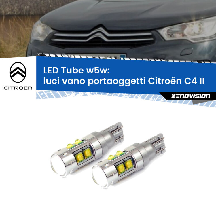 Luci Vano Portaoggetti LED W5W Citroën C4 II 2009 - 2016 W5W Tube <strong>Luci Vano Portaoggetti LED 6000k per Citroën C4</strong> II 2009 - 2016. Lampadine <strong>W5W</strong> canbus modello Tube, luce bianco lunare, lunga durata e compatibilità.