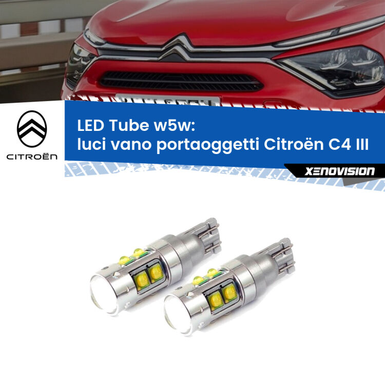 Luci Vano Portaoggetti LED W5W Citroën C4 III 2020 in poi W5W Tube <strong>Luci Vano Portaoggetti LED 6000k per Citroën C4</strong> III 2020 in poi. Lampadine <strong>W5W</strong> canbus modello Tube, luce bianco lunare, lunga durata e compatibilità.
