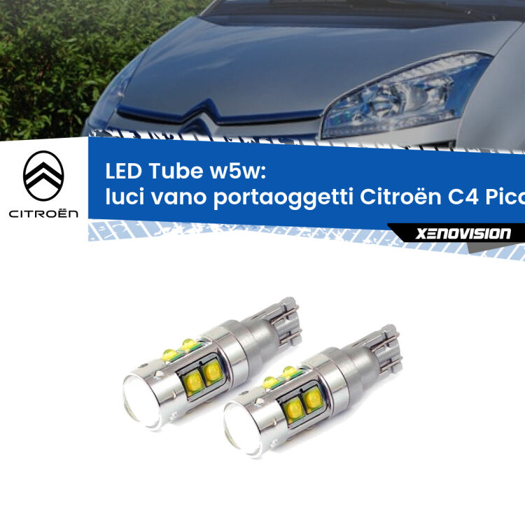Luci Vano Portaoggetti LED W5W Citroën C4 Picasso 2006 - 2013 W5W Tube <strong>Luci Vano Portaoggetti LED 6000k per Citroën C4 Picasso</strong> 2006 - 2013. Lampadine <strong>W5W</strong> canbus modello Tube, luce bianco lunare, lunga durata e compatibilità.
